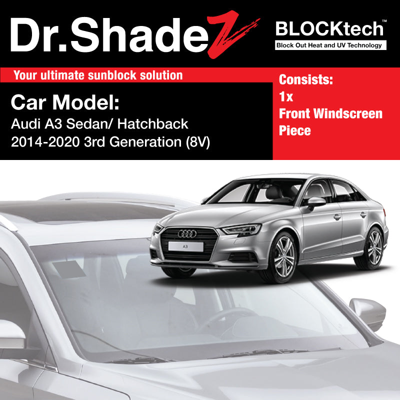 BLOCKtech Premium Front Windscreen Foldable Sunshade for Audi A3 S3 Sedan Hatchback 2013-2020 3rd Generation (8V)