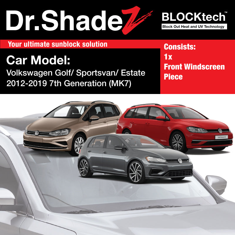 BLOCKtech Premium Front Windscreen Foldable Sunshade for Volkswagen Golf Hatchback Sportsvan Estate Variant 2012-2019 7th Generation (MK7)